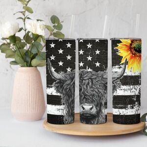 GRUNGE Highland Cow, Sunflower, American Flag, Distressed 20 oz Skinny Tumbler.